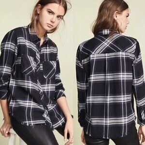 RAILS Leo Black Ash White Plaid Fringe Hem Womens M Snap Button Down Western